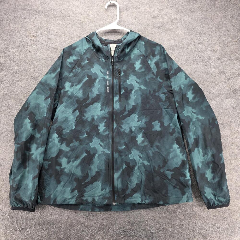 Second Skin Windbreaker Jacket Mens L Green Hooded Full Zip Camo Pockets Running